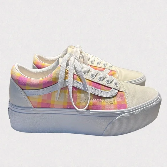 Vans Old Skool Stackform Pastel Picnic Platform Sneakers NIB Size 8.5 Pink Plaid - Picture 4 of 10